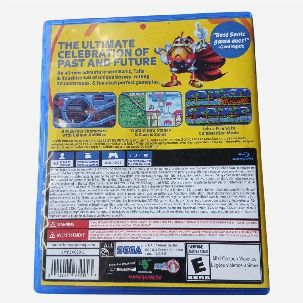 Sonic Mania Sega PlayStation 4 PS4 Video Game Blue Case CIB Platformer 2017
